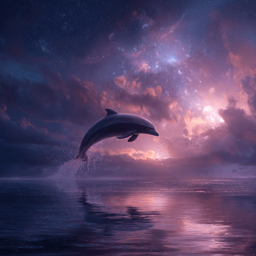 a spirit animal dolphin jumping out of the water ready to dive back down, against an ethereal fantasy nebula deep space sky with a vaporwave style and vast ocean with moonlight glistening on the water